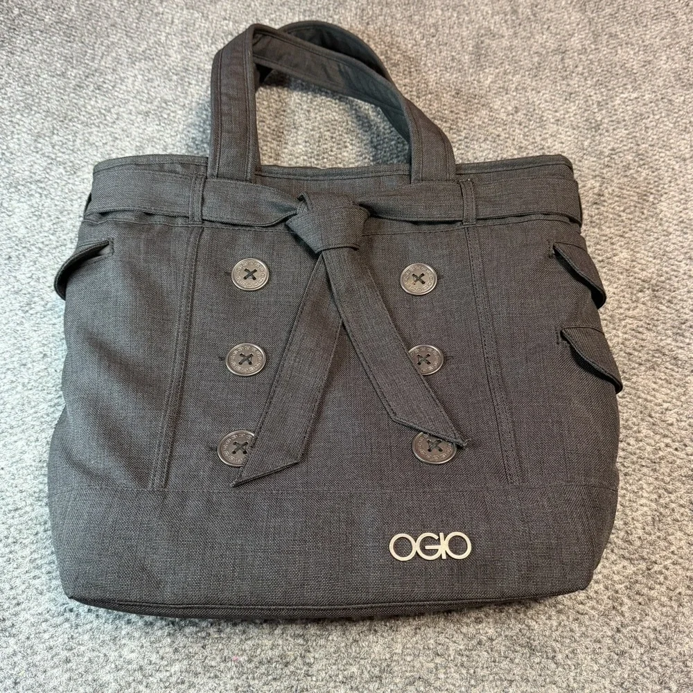 OGIO Hampton Tote Padded Laptop Bag in Storm Gray with Bow and Buttons